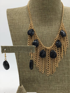 paparazzi Gold Necklace & Earrings with Fringe & Black Stones - 2pc