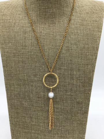 Gold Necklace with Tassel & White Bead Pendant