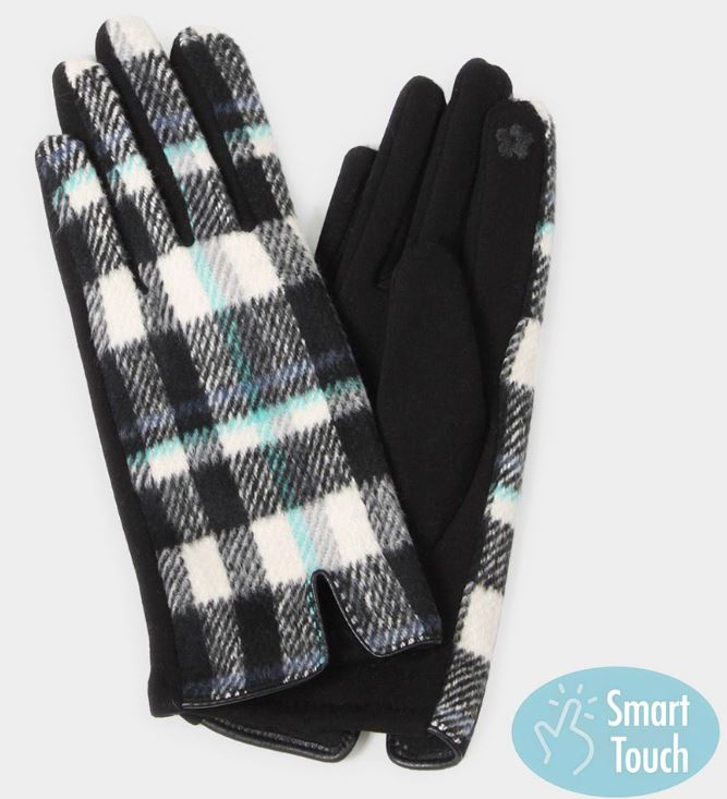 Black Plaid Check Patterned Touch Smart Gloves - One Size