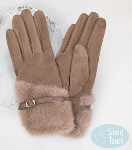 Beige Faux Fur And Strap Cuff Smart Touch Gloves - One Size