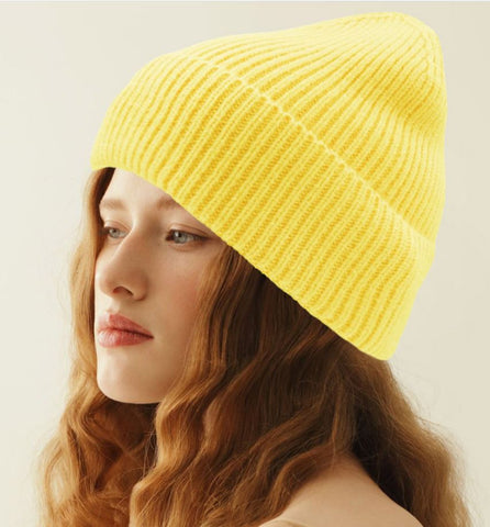 Yellow Solid Rib Knit Cuff Beanie Hat