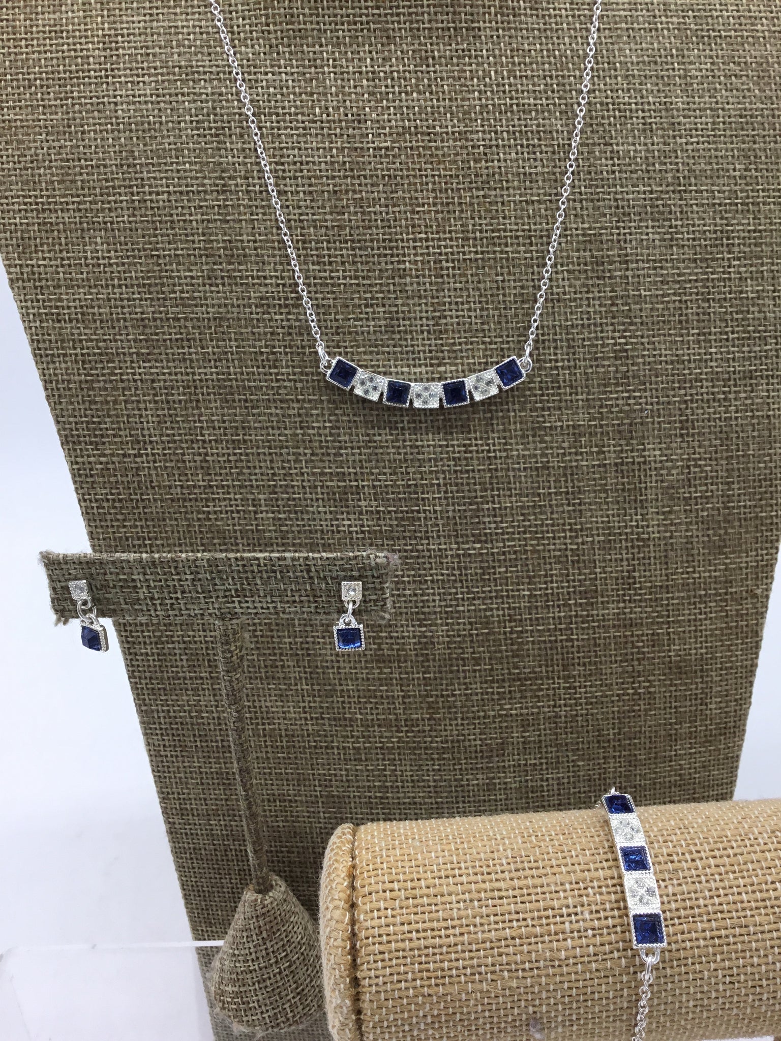 Silver Necklace, Bracelet & Earrings with Blue Stones - 3pc