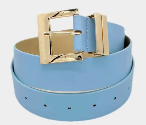 Gold, Light Blue Metal Buckle Accented Faux Leather Belt