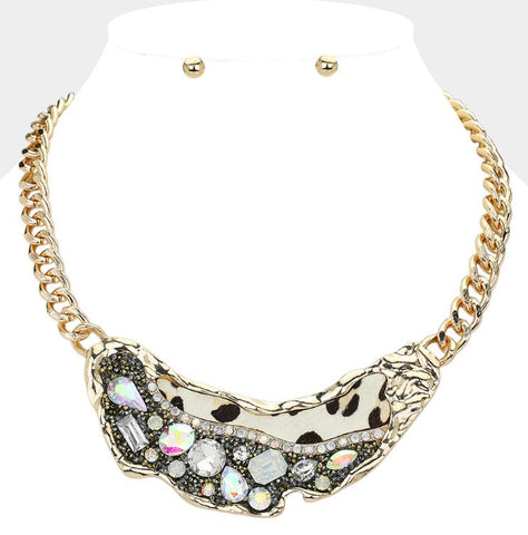 Animal Printed Fur Sparkly Stone Embellished Bib Necklace