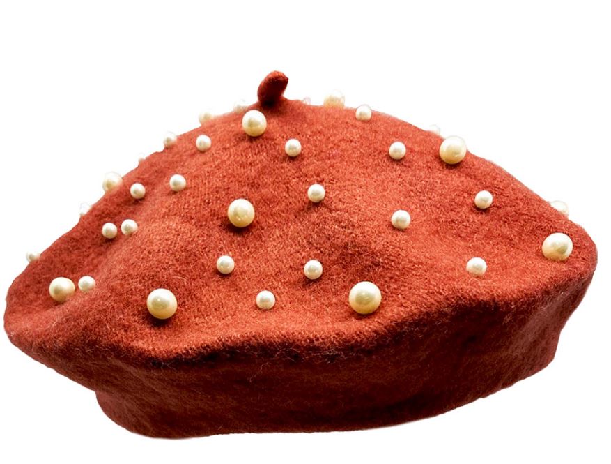 Orange Pearl Embellished Tam Beret Hat