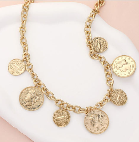 Worn Gold Metal Coin Station Necklace