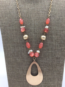 Gold Necklace with Orange Beads & Teardrop Pendant