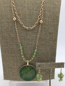 Gold Necklace & Earrings Set with Green Stones - 2 pc