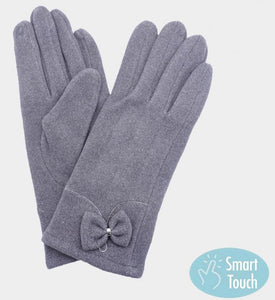 Gray Bow Pointed Faux Suede Smart Touch Gloves - One Size