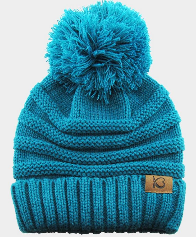 Blue Cable Knit Ribbed Chunk Pom Pom Beanie Hat