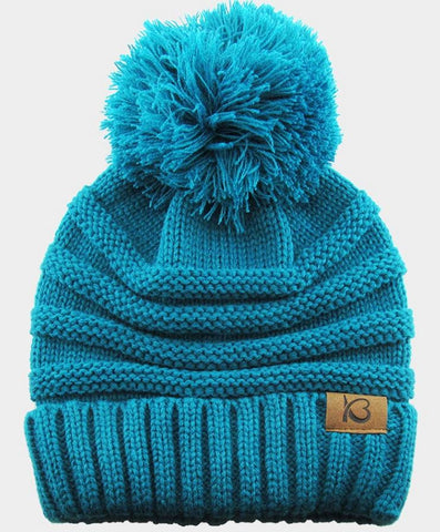 Blue Cable Knit Ribbed Chunk Pom Pom Beanie Hat