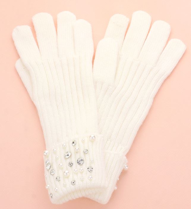 White Pearl Stone Embellished Knit Gloves - One Size