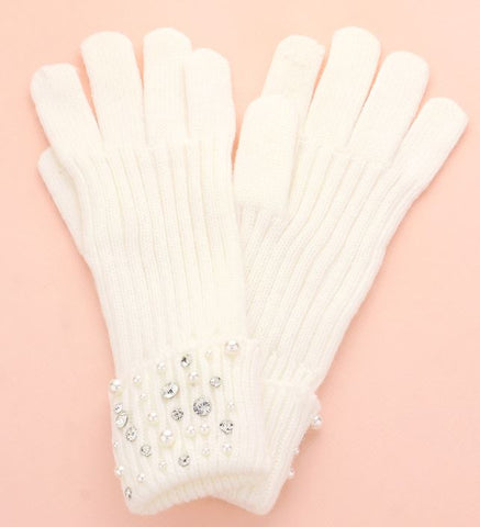 White Pearl Stone Embellished Knit Gloves - One Size