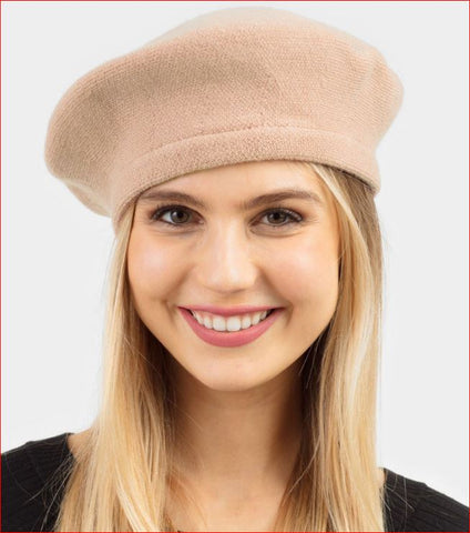 Beige Stretchy Solid Beret Hat