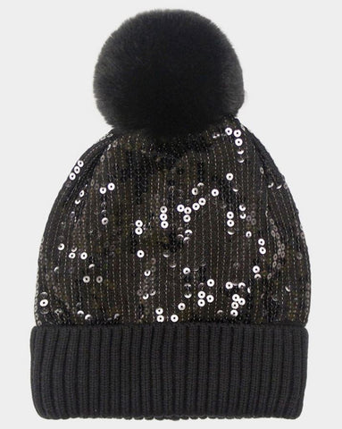 Black Sequin Embellished Pom Pom Beanie Hat