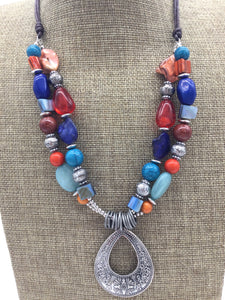 Ruby Rd Silver Necklace with Multi Colored Beads & Teardrop Pendant