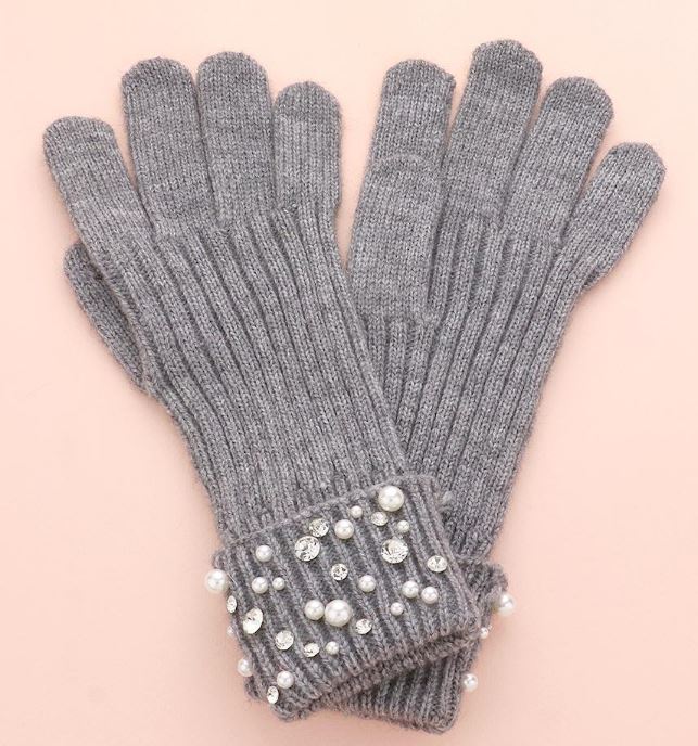 Gray Pearl Stone Embellished Knit Gloves - One Size