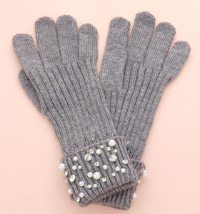 Gray Pearl Stone Embellished Knit Gloves - One Size