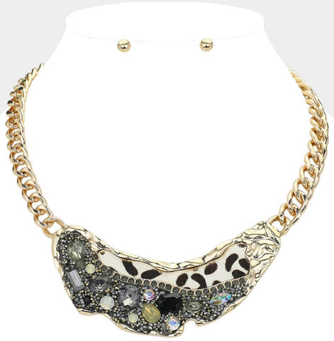 Black, Gold Animal Printed Fur Sparkly Stone Embellished Bib Necklace