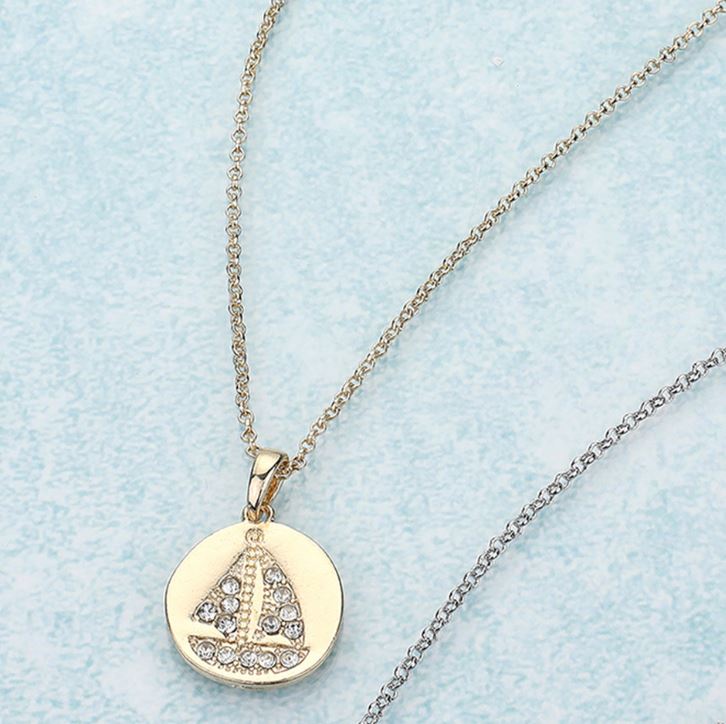 Clear & gold Pave Stone Sailing Ship Pendant Necklace