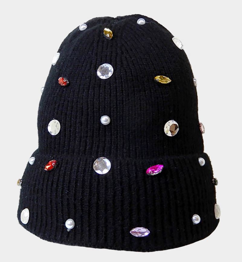 Black Pearl Jewel Embellished Fleece Lining Knit Beanie Hat