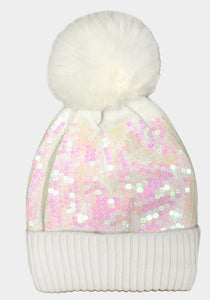 White Sequin Embellished Pom Pom Beanie Hat