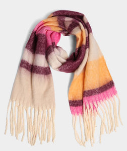 Beige Plaid Oblong Scarf with Fringe