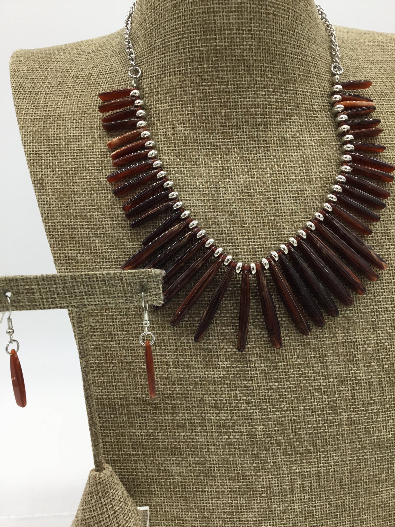 paparazzi  Silver Necklace & Earrings with Brown Acrylic Spikes - 2 pc