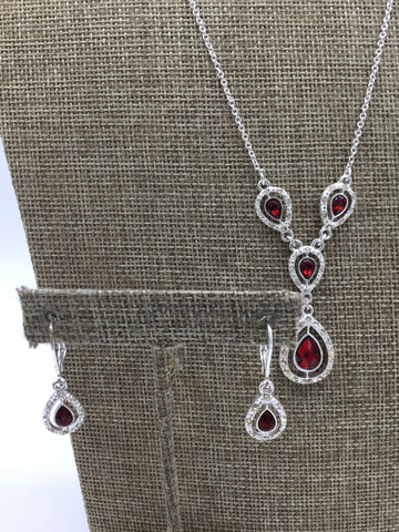 SHA Silver Necklace & Earrings with Red Stones - 2 pc