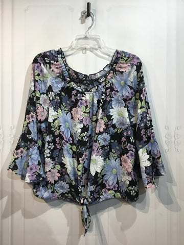 BCX Size L/12-14 Black & Floral Print Tops