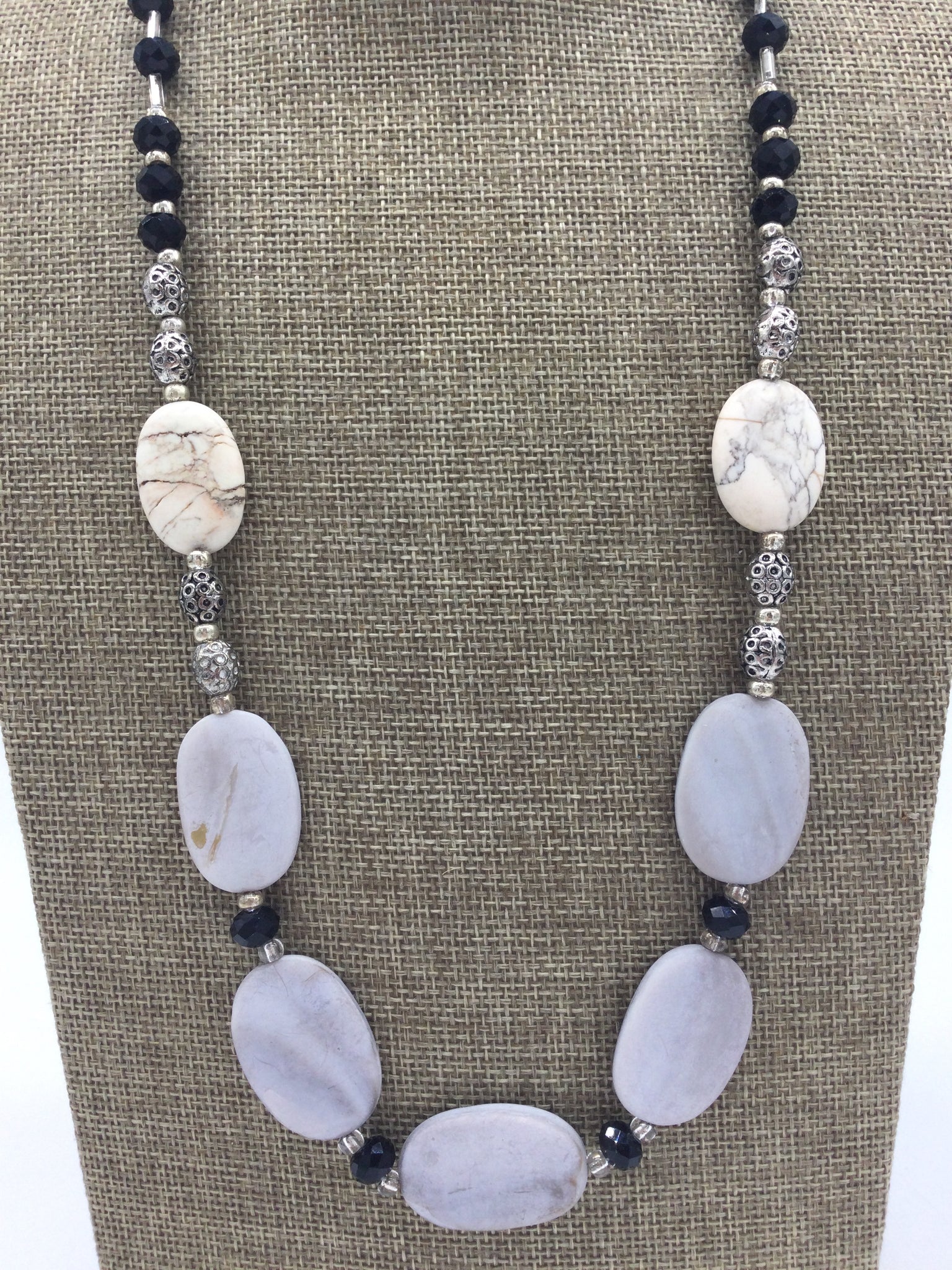 Silver Necklace with Black & Grey Beads