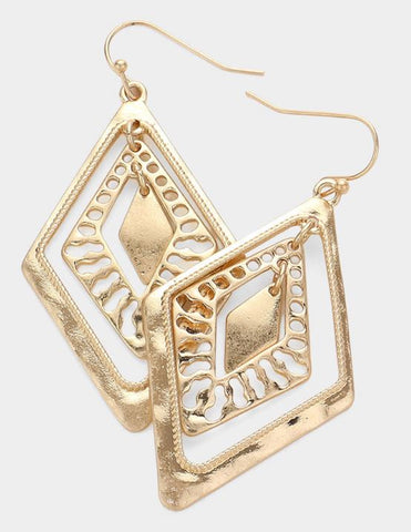 Abstract Metal Rhombus Dangle Earrings - Worn Gold