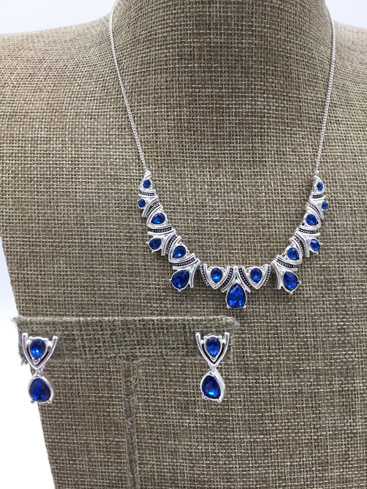 Silver Necklace & Earrings with Blue Stones - 2 pc