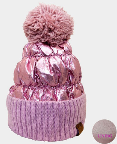 Pink Fleece Lining Puffer Knit Pom Pom Beanie Hat