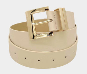 Gold, Neutral Metal Buckle Accented Faux Leather Belt