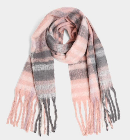 Pink Plaid Oblong Scarf with Fringe