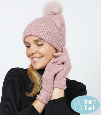 Pink Pearl Stone Embellished Pom Pom Beanie Hat & Touch Smart Gloves Set - 2pc