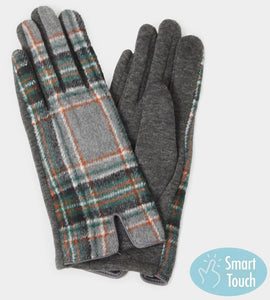 Gray Plaid Check Patterned Touch Smart Gloves - One Size