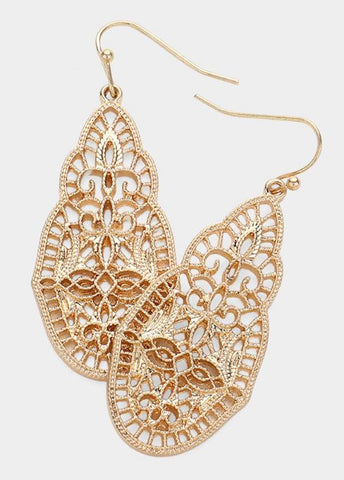 Abstract Ethnic Metal Dangle Earrings - Worn Gold