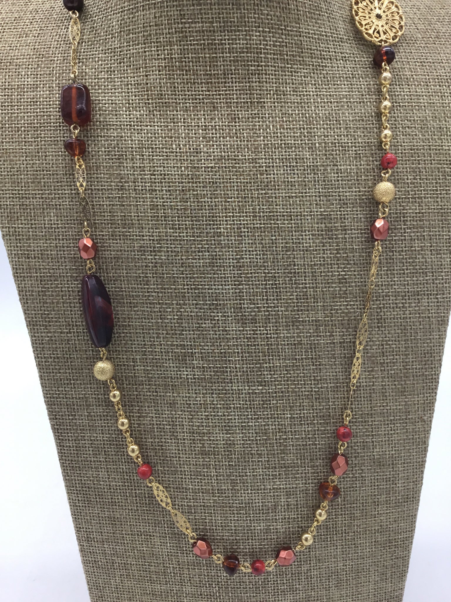 AVON Gold Necklace with Red & Gold Beads