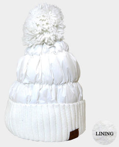 White Fleece Lining Puffer Knit Pom Pom Beanie Hat