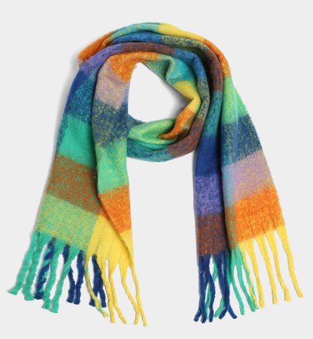 Green Checkered Oblong Scarf with Fringe