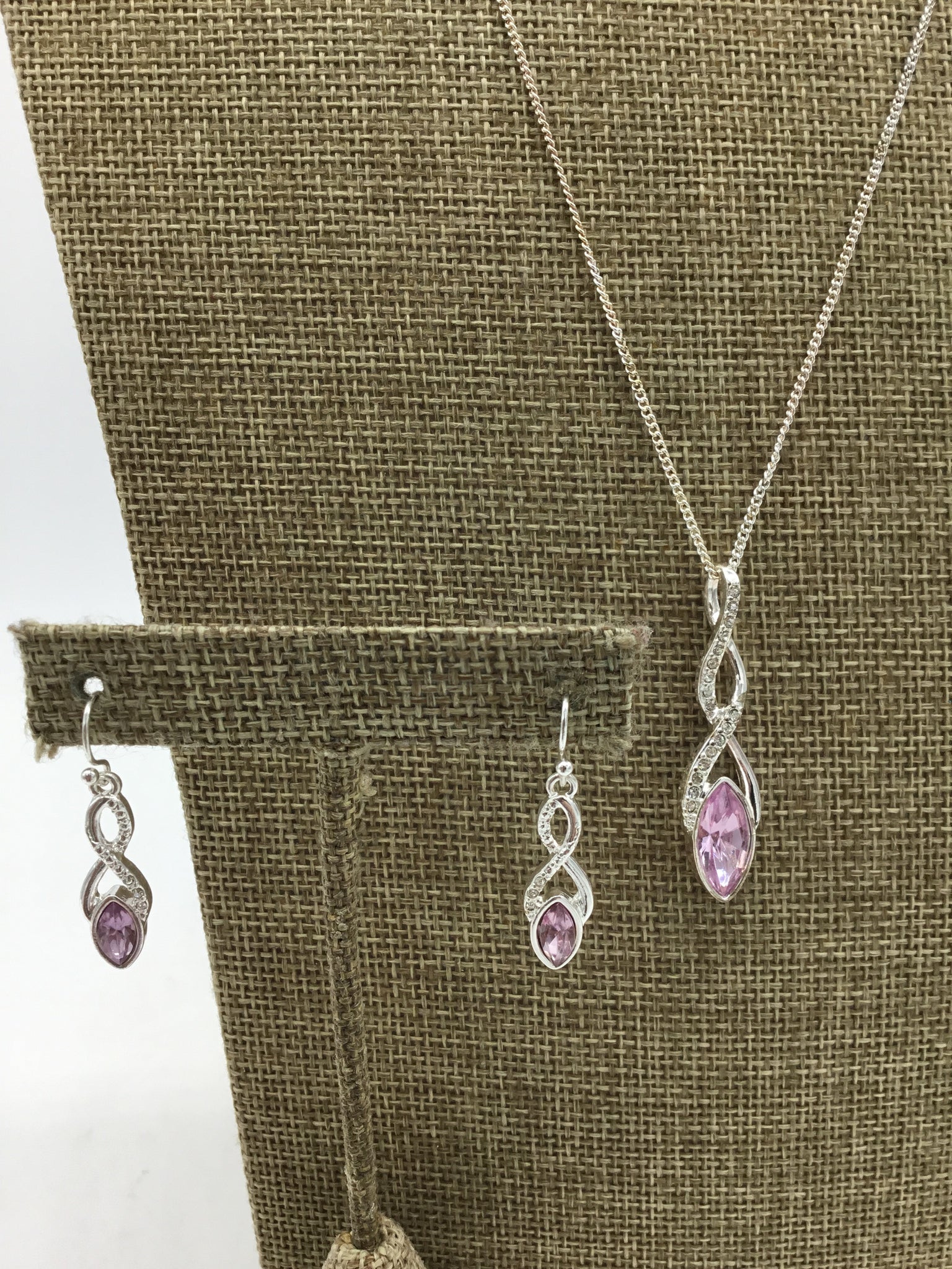 Silver Necklace & Earrings with Pink Stones - 2 pc