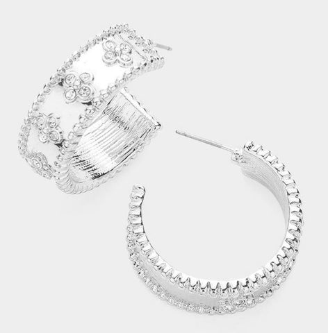 Quatrefoil Stone Pointed Hoop Earrings - Silver