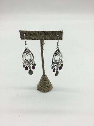 paparazzi Silver Teardrop Earrings with Green & Purple Stones