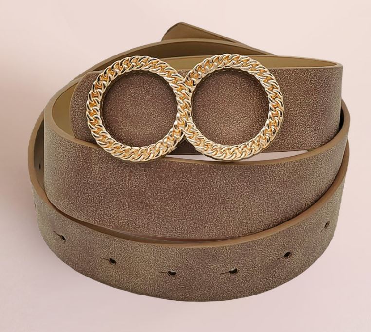 Brown Textured Metal Double O Buckle Accented Faux Leather Belt