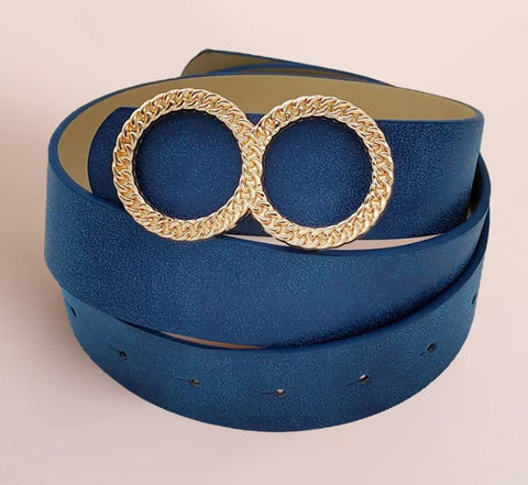 Blue Textured Metal Double O Buckle Accented Faux Leather Belt