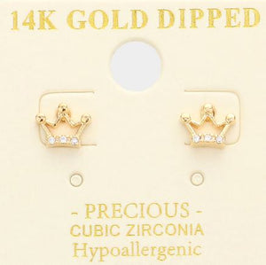 CZ Embellished Crown Stud Earrings - 14K Gold Dipped