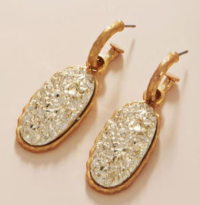 Oval Druzy Dangle Earrings - Gold