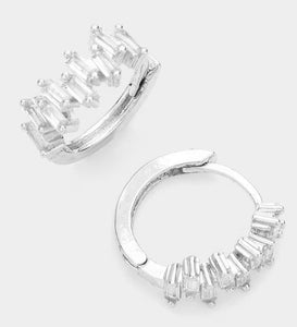 CZ Stone Embellished Huggie Hoop Earrings - 14K White Gold Plated